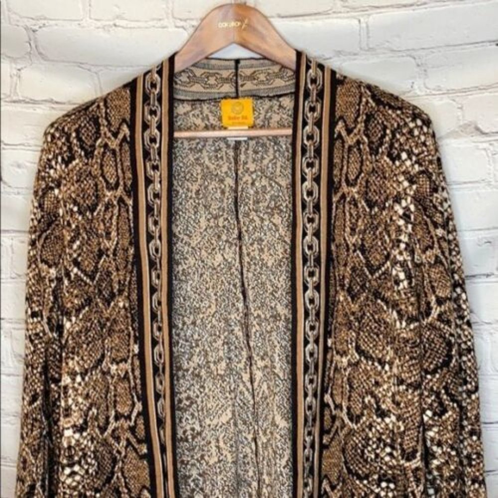 Ruby Rd. Women's Wild Mix Snake Jacquard Sharkbite Cardigan, Sable Multi Sz L - Picture 7 of 7